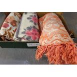 Box of vintage floral design textiles to include: a linen bedspread with fringed edge, woollen throw