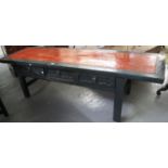Chinese design painted low alter type table having three drawers on straight rectangular legs. 193cm