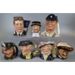 Collection of seven Royal Doulton character jugs to include: Pearly King and Queen, 'Robin Hood', '