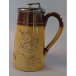 Doulton stoneware topers hot water jug with silver plated lid and mounts, of tapering form. (B.P.