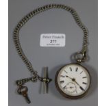 19th century silver key wind open faced lever pocket watch with Roman face having seconds dial