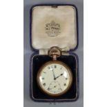 Gold plated keyless lever open faced pocket watch with Roman face and seconds dial. Within W J