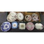 Two boxes of assorted plates and dishes to include: blue and white chrysanthemum design dish,