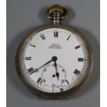 Kays keyless lever silver 'Challenge' open faced pocket watch with Roman face and seconds dial. (B.