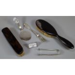 Simulated tortoise shell clothes brush, rosewood silver mounded hairbrush, silver desert fork,