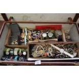 Vintage leather suitcase to include: a collection of vintage and other jewellery, fan, watches,