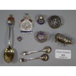 Collection of commemorative and armorial items: George VI Services Rendered badge, salt spoons,