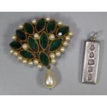 Silver hallmarked ingot and a pearl and stone set flower head design pin brooch. (B.P. 21% + VAT)