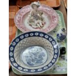 Tray of mainly china to include: Royal Delft blue and white ovoid vase, reproduction blue and