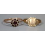 9ct gold signet ring and a 9ct gold garnet cluster ring (one stone missing). Ring size M and Q.