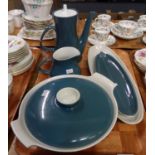 Various Poole pottery 'Blue Moon' items to include: milk jug, coffee pot, two leaf shaped serving