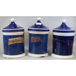 Three 19th Century blue and white apothecary jars and covers with indistinct labels. (3) (B.P. 21% +