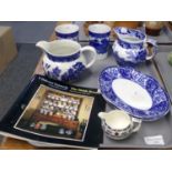 Tray of mostly blue and white china to include: willow design jug and two cups, Adams 'Cattle