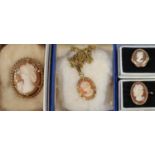 Two 9ct gold shell cameo rings, ring size O and M. Approx weight 5.3 grams. Together with a cameo