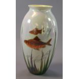 Royal Doulton art pottery lustre vase, of ovoid form, decorated with goldfish and reeds. Printed and