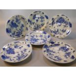 A group of six 20th century Japanese Seto ware blue and white porcelain plates, hand painted with