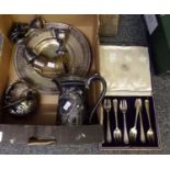 Box of silver and silver plated items to include: plated coffee pot, sugar bowl and milk jug,