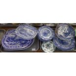 Two trays of blue and white china plates to include: Staffordshire ironstone 'Liberty Blue' design