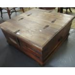 Modern, probably Mexican pine, coffee table with hinged lid and iron mounts. (B.P. 21% + VAT)