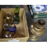 Box of oil lamps and lamp bases including: brass with clear chimney, miniature ones with pressed and