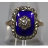 Blue enamel and marcasite ring set in silver with a 9ct gold band. Ring size O & 1/2. (B.P. 21% +