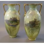 Pair of Royal Doulton two handled gilded and hand painted vases, signed by J.H. Plant, of Windsor