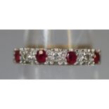 18ct gold ruby and diamond half eternity style ring. Ring size M&1/2. Approx weight 2.8 grams. (B.P.