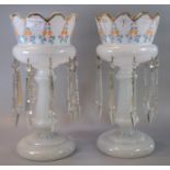 A pair of white opaline glass vase lustres, hand enamelled with flowers and foliage. (2) (B.P. 21% +