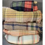 A box of vintage woollen check blankets and carthen of various colourways: one with a 'Kayso' label.