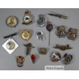 Collection of assorted military type pin badges including Royal Airforce station Pembroke Dock,