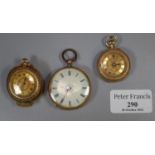 Small 18ct gold outer cased engine turned fancy key less fob watch, another similar with 18ct gold
