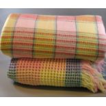 Two vintage woollen check multi-colour blankets, both fringed, one honeycomb with 'Derw Product,