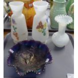 Tray of glassware to include: a peacock relief design lustre bowl, two frosted glass painted