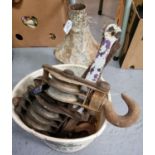 Vintage cast metal hopper, together with a box comprising vintage pullies, hooks etc. (B.P. 21% +