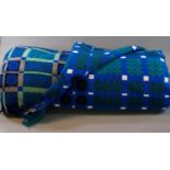Vintage woollen Welsh tapestry blue and green fringed edge blanket with traditional Caernarfon