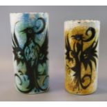 Two similar Celtic pottery, Newlyn, Cornwall, cylinder vases, overall decorated with stylised birds.