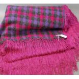 Vintage woollen fuschia and purple check shawl with long fringe. (B.P. 21% + VAT)