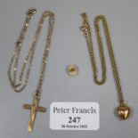 9ct gold cross pendant on chain, a 9ct gold heart pendant on a gilt metal chain and a gold set