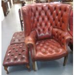 Leather Chesterfield design button and barrel back hall porters chair, together with two similar