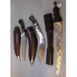Nepalese style Kukri with brass and steel inlaid wooden hilt and leather scabbard, another similar