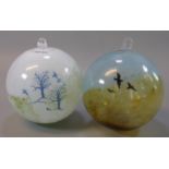 Pair of decorative glass mottled baubles, overall decorated with birds and trees. (B.P. 21% + VAT)