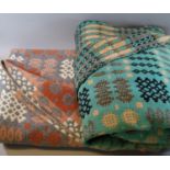 Two vintage woollen Welsh tapestry Caernarfon design blankets; one on blue ground and one grey. (
