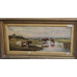 After Thomas Sidney Cooper, Cattle Watering, oils on canvas. 23x57cm approx. Framed. (B.P. 21% +