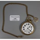 Hamilton keyless lever gold plated open faced pocket watch with Arabic face having seconds dial on