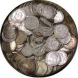 90+ silver threepenny pieces. (B.P. 21% + VAT)
