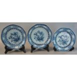 A group of three similar 18th century Chinese porcelain blue and white floral octagonal plates.