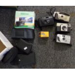 Box of cameras and camera equipment to include: various cases, Panorama Wide pic x 2 (one in