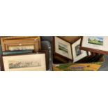 Two boxes of assorted furnishing prints and pictures, including sporting, topographical, animals