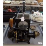 Tray of assorted items: vintage meat mincer, vintage flat iron, signal man's railway lantern and