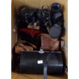 Box of optical equipment and cameras to include: a pair of cased Chinon 7x35 field binoculars,